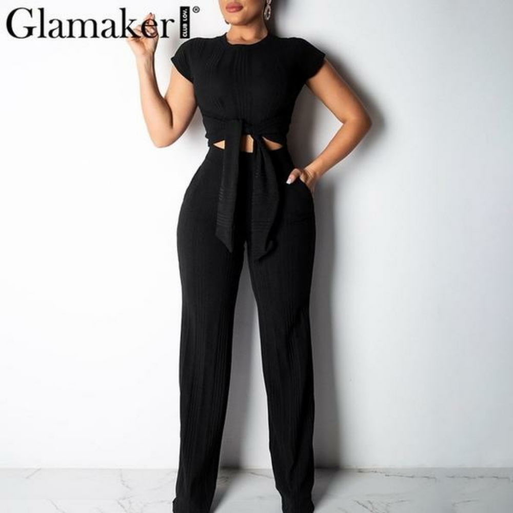 Glamaker Bodycon lace up black women jumpsuit pant